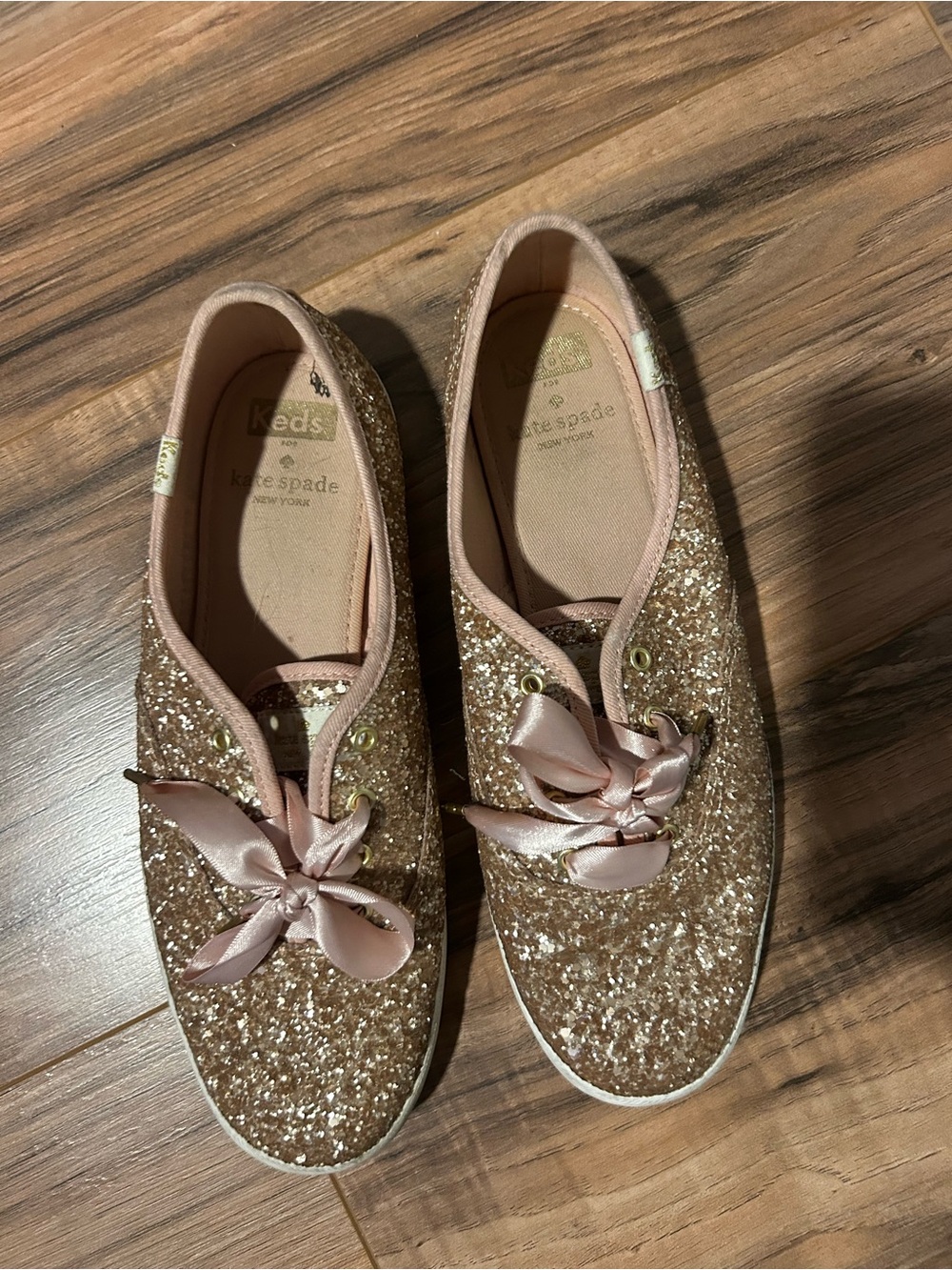 Keds Gold Glitter Sneakers with Blush Satin Ribbon